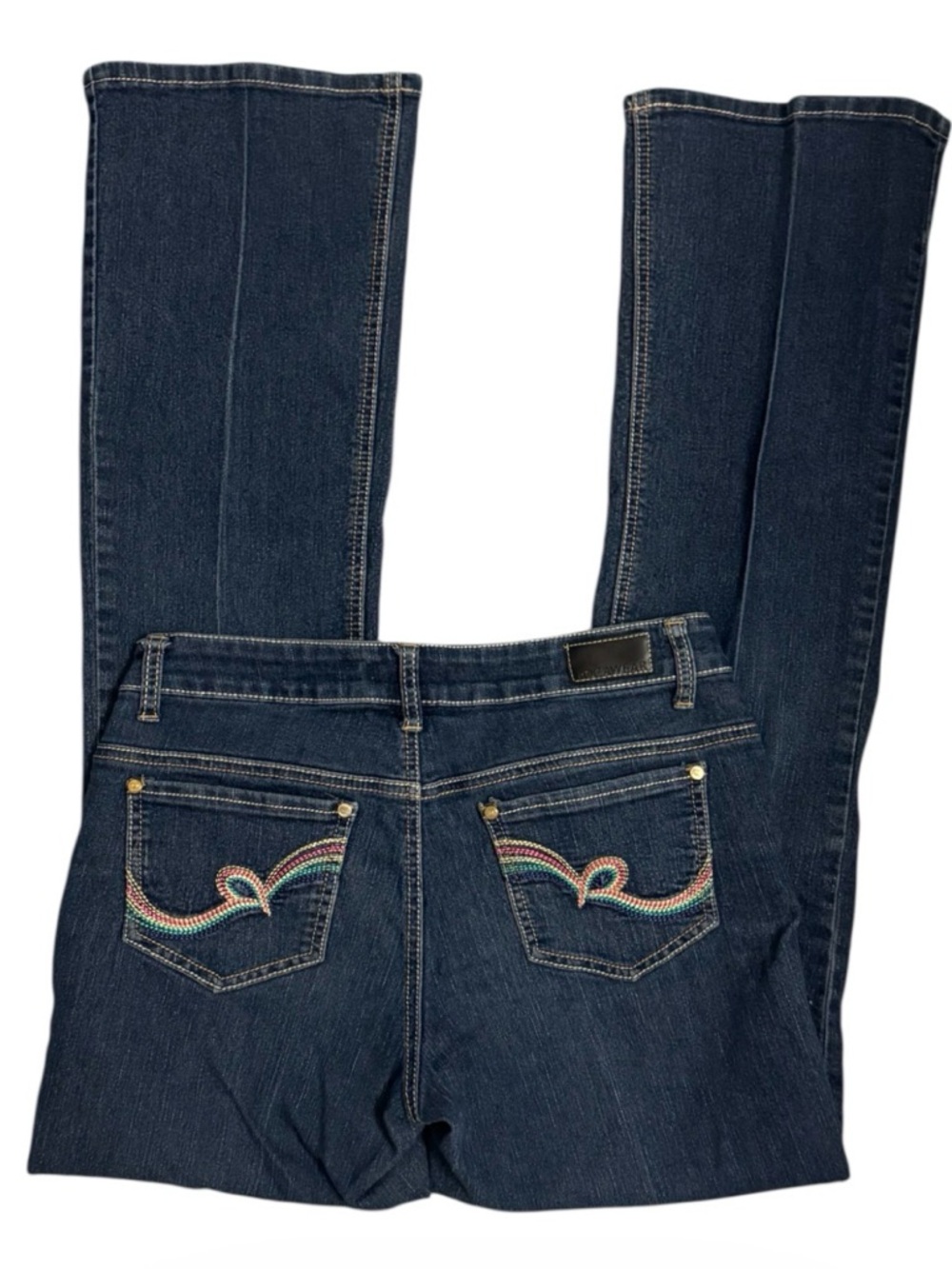 Dark Blue Boot Cut Jeans with Multicolor Embroidered Back Pockets